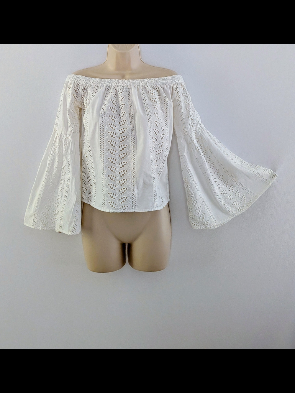 Express White Bell Sleeve Off-Shoulder Eyelet Peasant Blouse XS